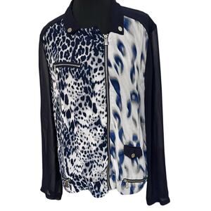 Chico’s Black Label Women's Sz 1 US 8 M Sheer Animal Full Zip Blouse Top Navy